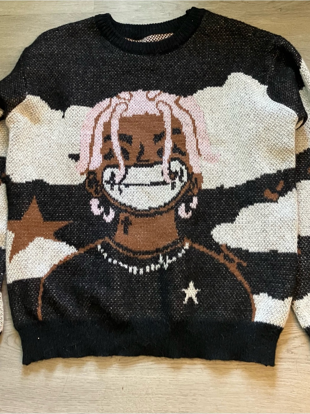 Graphic Knit Crewneck Sweater in Black, Brown & Pink